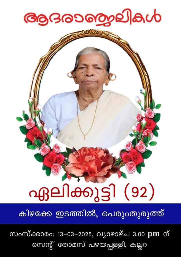 യുകെ മലയാളിയുടെ മാതാവ് ഏലിക്കുട്ടി ലുക്കാ കിഴക്കേ ഇടത്തിൽ നാട്ടിൽ നിര്യാതയായി