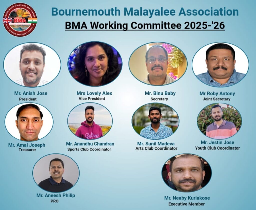 ബോൺമൗത്ത് മലയാളി അസോസിയേഷൻ 2025–26 വർഷത്തേക്കുള്ള പുതിയ ഭാരവാഹികളെ പ്രഖ്യാപിച്ചു