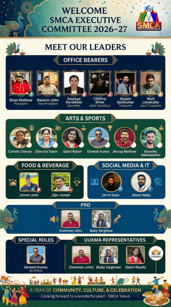 സോമർസെറ്റ് മലയാളി കൾച്ചറൽ അസോസിയേഷന് നവനേതൃത്വം; സിക്സൻ മാത്യു, സൗമ്യ കുര്യാക്കോസ്, ശ്യാം ശശികുമാർ തുടങ്ങിയവർ നയിക്കും