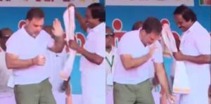 ഷാൾ വേണ്ട! കുളച്ചൽ പ്രചാരണ വേദിയിൽ ഡി.എം.കെ മന്ത്രിയെ തടഞ്ഞ് രാഹുൽ ഗാന്ധി