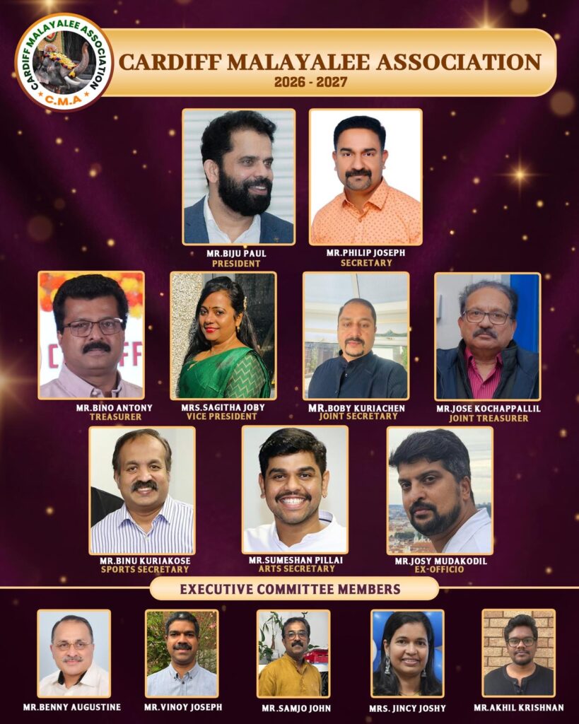 കാർഡിഫ് മലയാളി അസോസിയേഷന്റെ 2026–2027ലെ ഭാരവാഹികൾ. ബിജു ബിജു പോൾ പ്രേസിടെന്റും ഫിലിപ്പ് ജോസഫ് സെക്രട്ടറിയും.