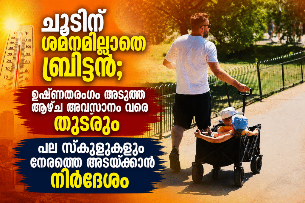 ചൂടിന് ശമനമില്ലാതെ ബ്രിട്ടൻ; ഉഷ്‌ണതരംഗം അടുത്ത ആഴ്ച്ച അവസാനം വരെ തുടരും, പല സ്‌കൂളുകളും നേരത്തെ അടയ്ക്കാൻ നിർദ്ദേശം