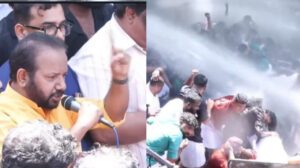 ക്ലിഫ് ഹൗസിൽ യുവമോർച്ച മാർച്ച്, ആറാം തവണ ജല പീരങ്കി പ്രയോഗം; പൊലീസിന് നേരെ കമ്പും കല്ലുമെറിഞ്ഞ് പ്ര...