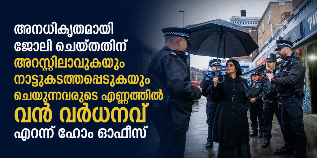 അനധികൃതമായി ജോലി ചെയ്തതിന് അറസ്റ്റിലാവുകയും നാടുകടത്തപ്പെടുകയും ചെയ്യുന്നവരുടെ എണ്ണത്തിൽ വൻ വർധനവെന്ന് ഹോം ഓഫീസ്